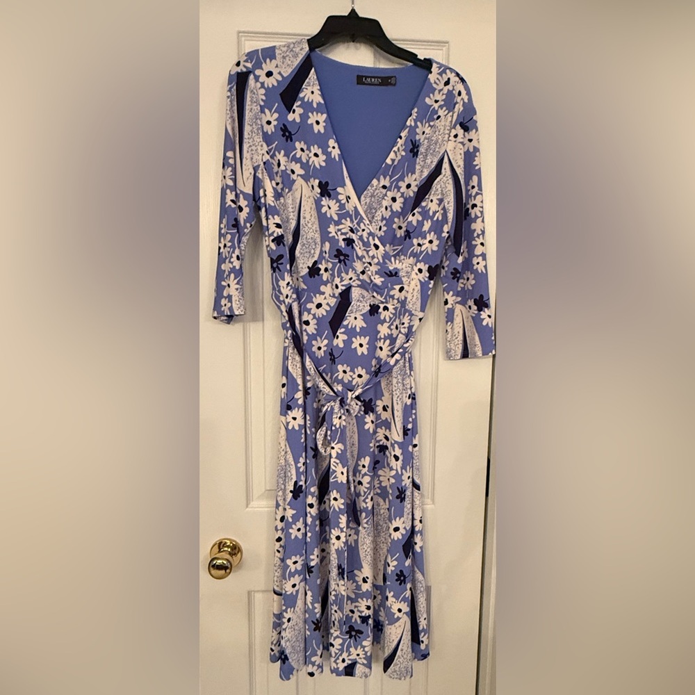 Lauren Ralph Lauren Long Sleeve Floral Wrap Style Dress in Blue and White